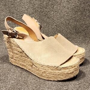 MARC FISHER ANDELA Tan Suede Leather Platform Espadrille Sandal Womens 9M FLAWED